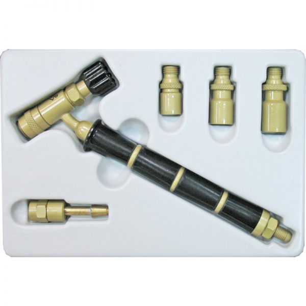 The ORCA M75 jeweler's torch kit, with a black-handled torch and multiple golden accessories, nestled in a molded insert within the packaging box