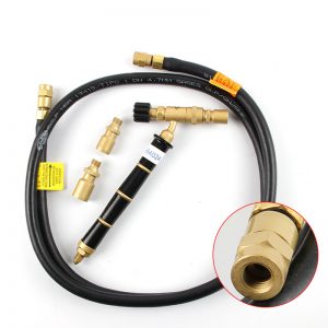 The ORCA M75 torch kit, including the handle, three nozzles, a hose for GLP gas, and a closeup of a connection