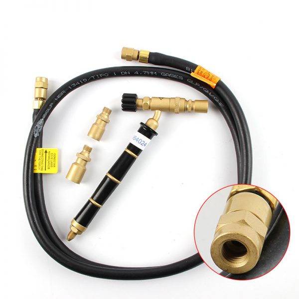 The ORCA M75 torch kit, including the handle, three nozzles, a hose for GLP gas, and a closeup of a connection