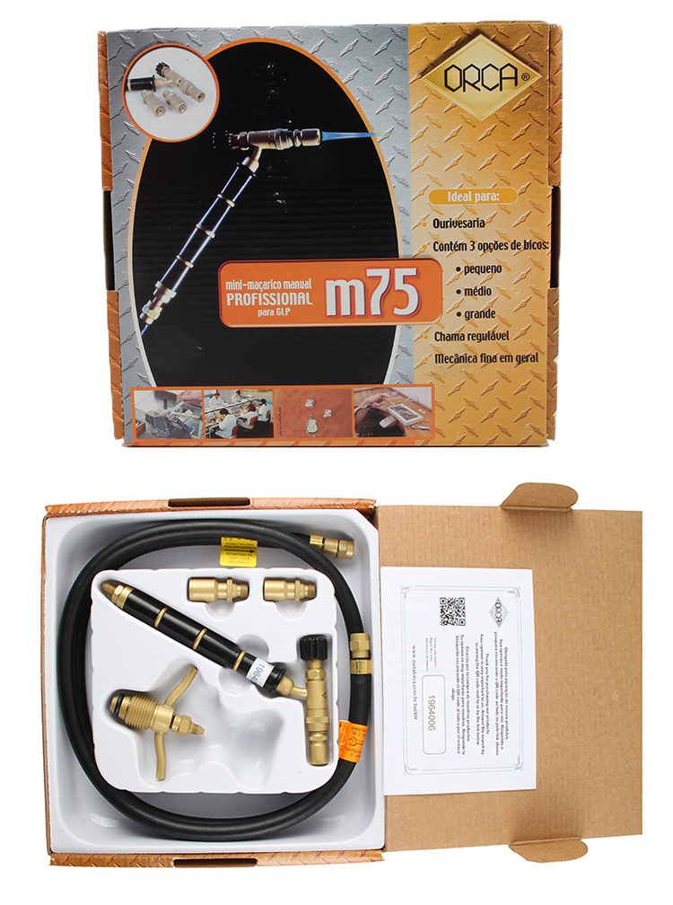 The ORCA M75 torch kit packaging, displaying the product box with a photo of the torch and its contents, including the manual