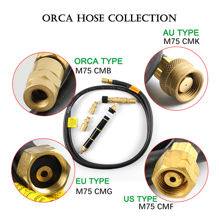 The ORCA hose connector collection, showing various connector types (ORCA, AU, EU, US) for different regions