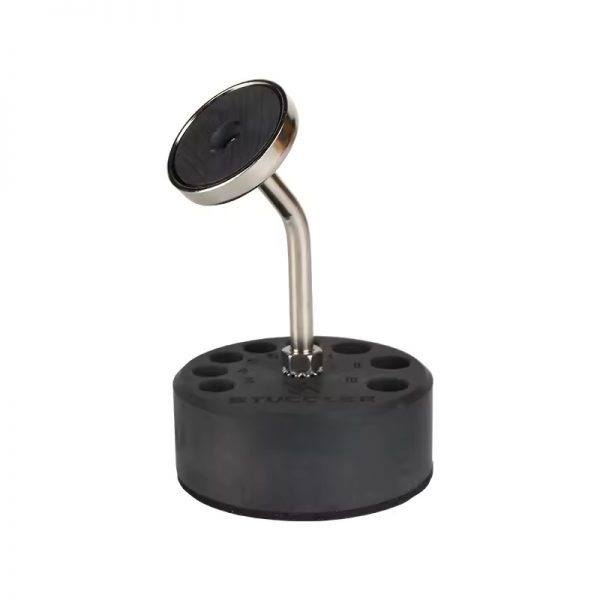 The Stuccler Magnetic Stand's black base with a silver arm and magnetic disk shown on white