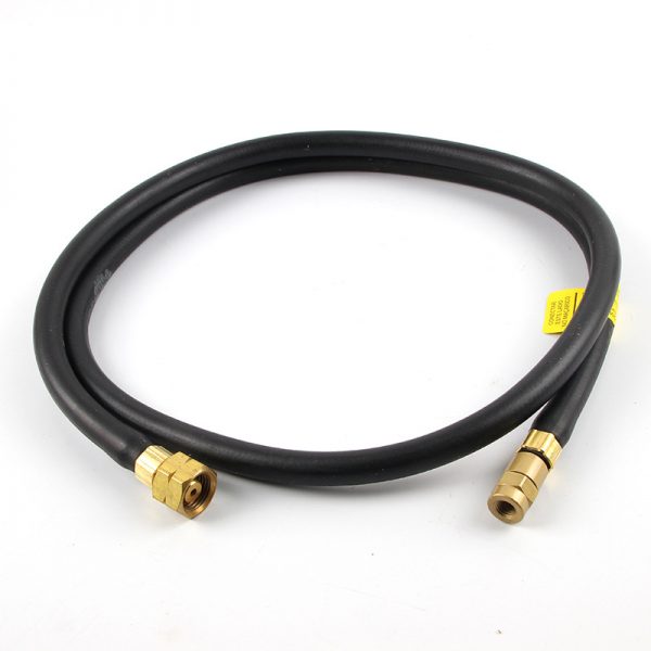 The black hose and brass fittings from the ORCA M75 CMF propane torch kit, used to connect to a propane tank