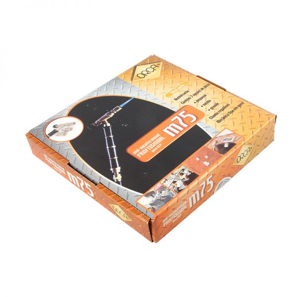 The product box for the ORCA M75 CPA welding torch kit, with product information in Portuguese and images of welding applications