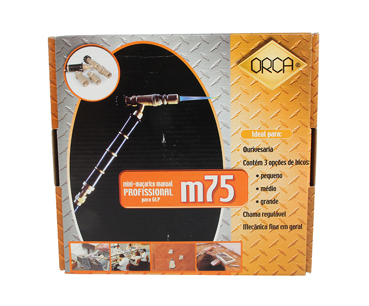 The product box for the ORCA M75 mini manual torch, highlighting features for goldsmithing and fine mechanics