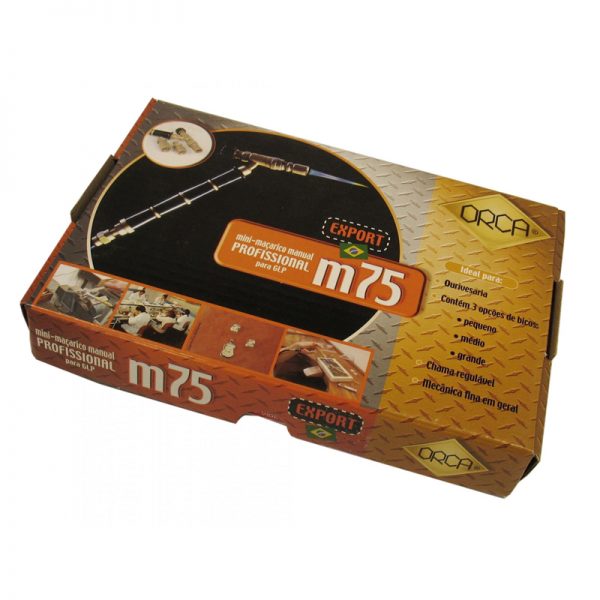 The product box for the ORCA M75 torch kit, featuring product images, the model number, and information in Portuguese
