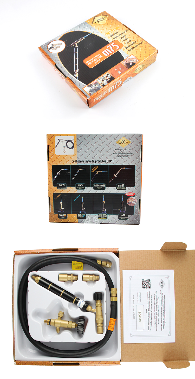 Three images showing the ORCA M75 CRD torch kit's packaging, the product layout inside the box, and the product series introduction