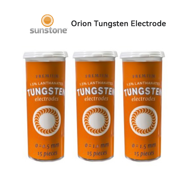Three orange tubes of Orion tungsten electrodes for welders, sizes 0.5mm, 1.0mm, and 1.5mm, labeled as premium 1.5% lanthanated TIG welding tungsten electrodes