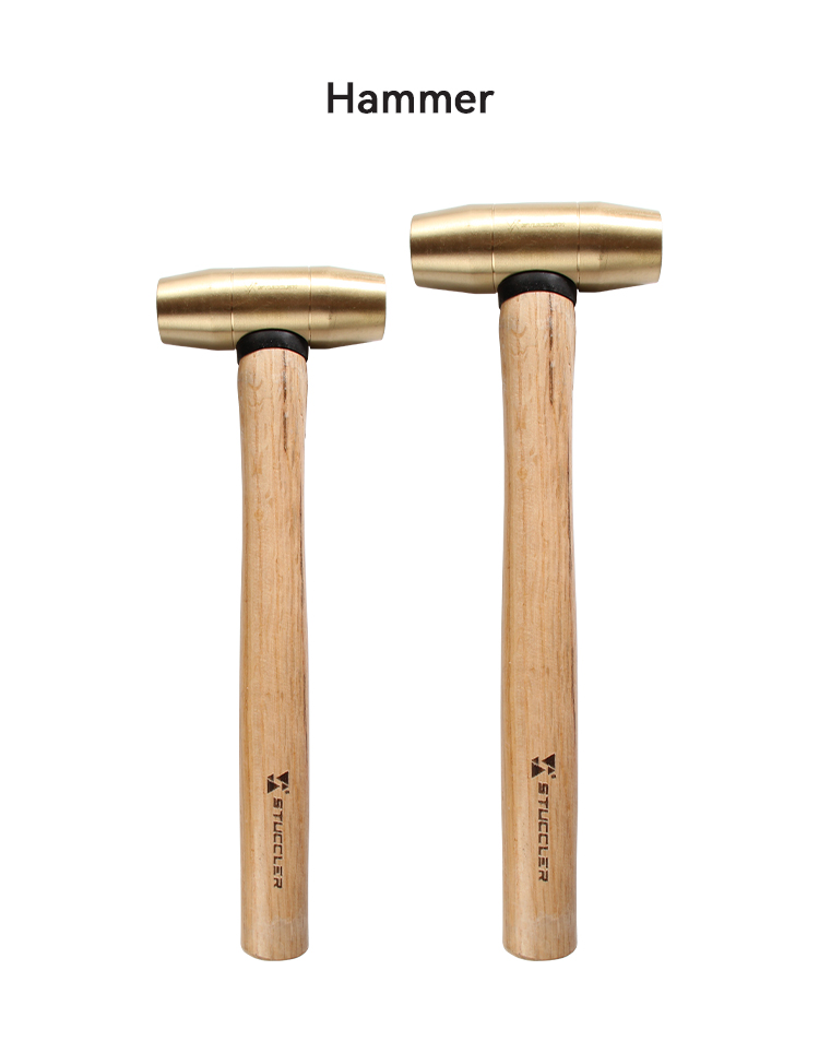 Two Stuccler jeweler's brass hammers (1lb and 2lb) with wooden handles, presented against a white backdrop