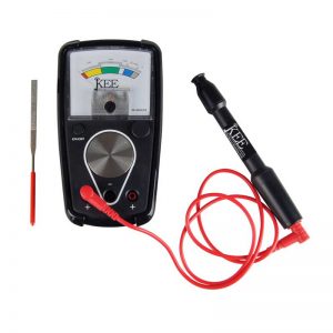 A KEE Gold & Platinum Tester set with a main unit, pen probe, and jewelers file on a white background.