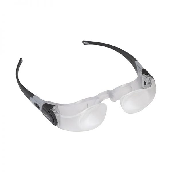A close-up of the Eschenbach MaxDetail 2X magnifier, highlighting its large lenses and ergonomic design.