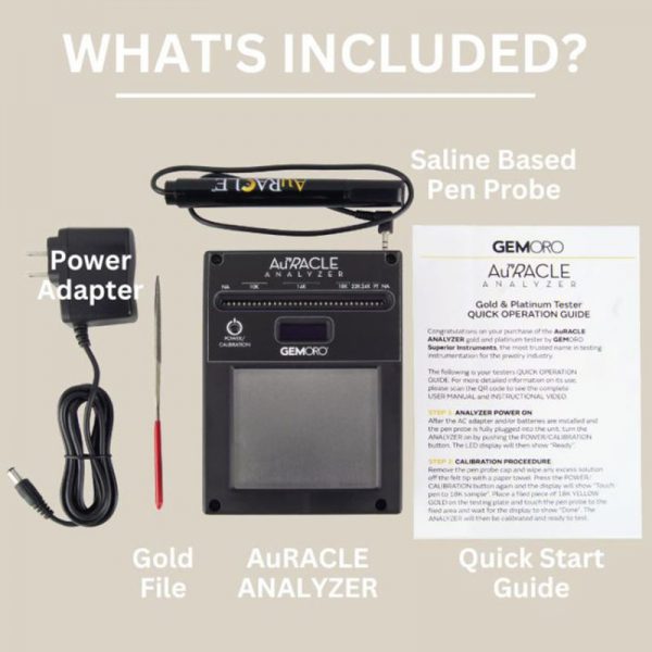 A detailed shot of the GEMORO AuRACLE Analyzer box contents, including the main unit, power adapter, gold file, pen probe, and quick start guide.