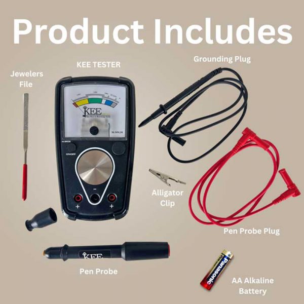 A flat lay diagram of all included product parts with labels, including the tester, probe, and battery.