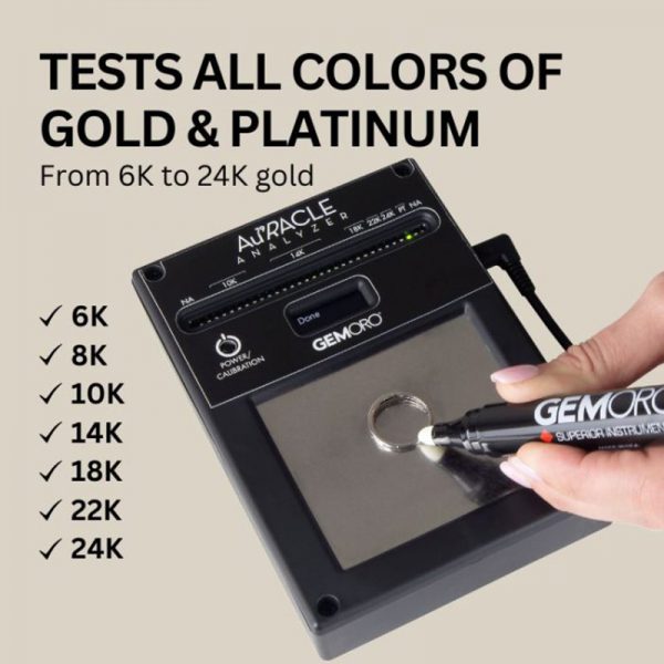 A hand using the pen probe to test a gold ring, with a checklist on the left confirming it "Tests All Colors of Gold & Platinum" from 6K to 24K.