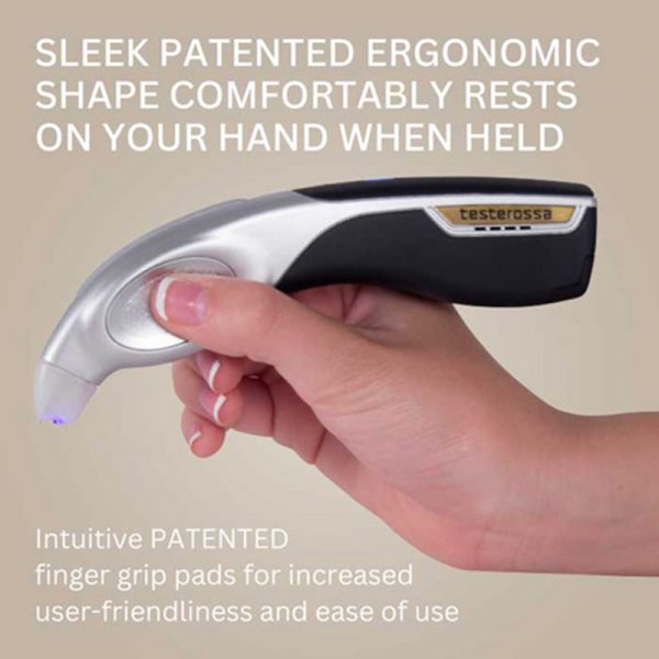 A person holding the GemOro Testerossa to show its ergonomic shape and intuitive finger grip pads.