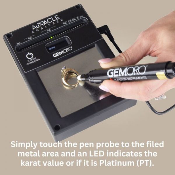 A person touching the pen probe to a gold ring on the analyzer's testing plate. The text explains that the LED indicates the karat value or platinum (PT).