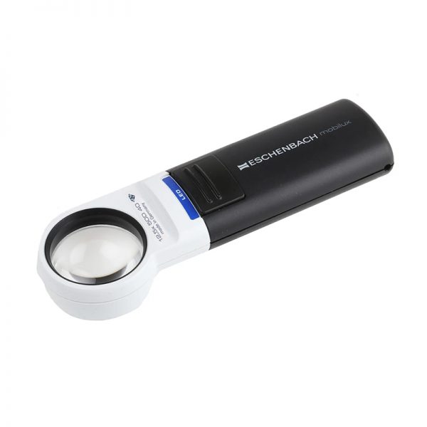 A side view of the black Eschenbach Mobilux LED magnifier, highlighting its comfortable handle and "made in Germany" label.
