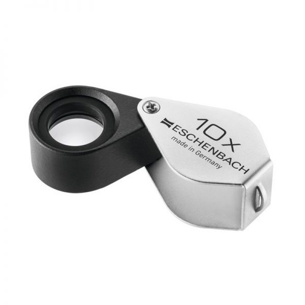 A silver Eschenbach 10x folding magnifier with a black lens mount and a closed handle.