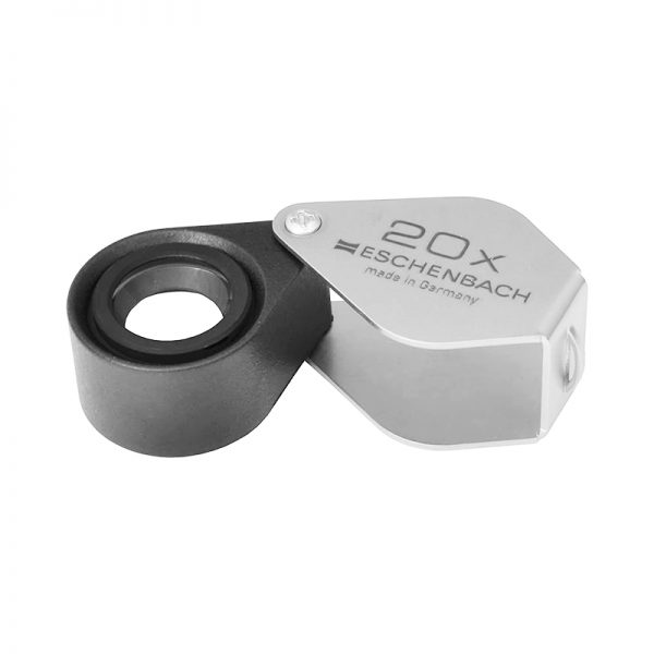 A silver Eschenbach 20x folding magnifier with a black lens mount and a closed handle.