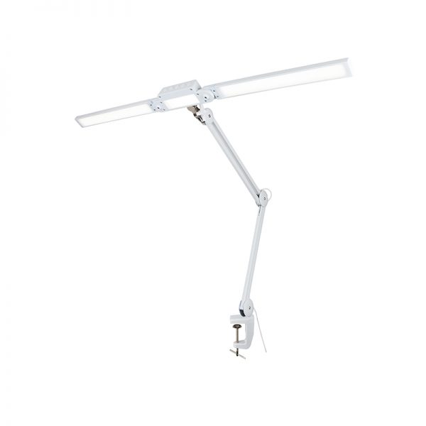A white version of the 30W LED Jewelry Work Lamp with its gooseneck extended and bright LED panels on.