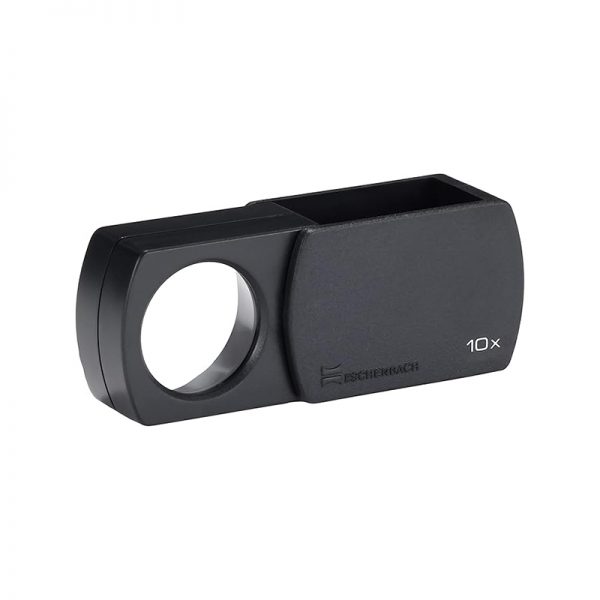 An Eschenbach black pocket magnifier, partially open to reveal the 10x lens inside.