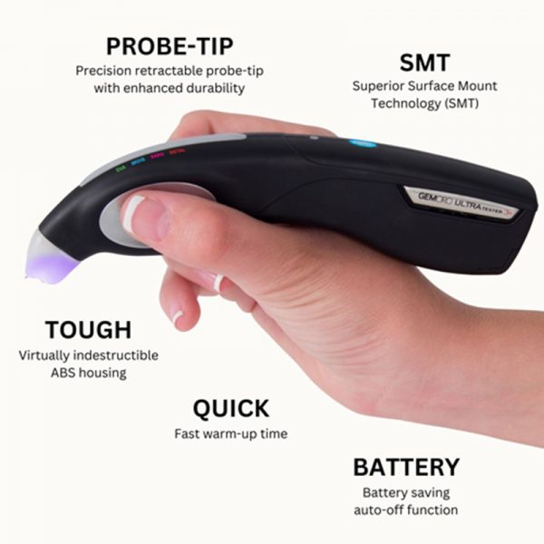 An infographic showing the key features of the GemOro UltraTester 3+, including its durable housing and precision probe tip.