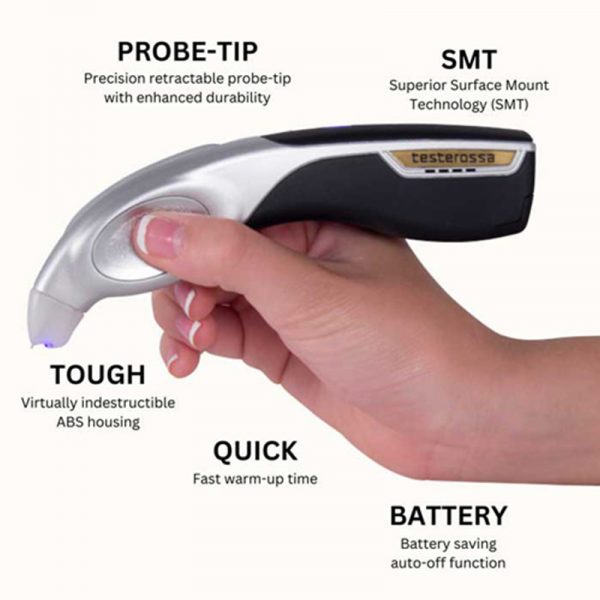 An infographic showing the key features of the Testerossa, including its tough ABS housing and SMT technology.