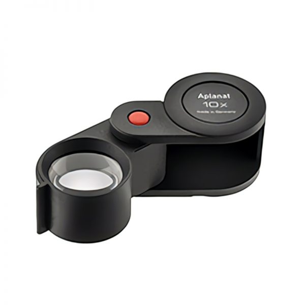 Eschenbach Aplanat 10x folding magnifier, shown partially unfolded with the lens extended.