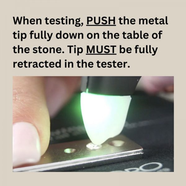 Instructions for the GemOro UltraTester 3+, showing the correct way to push the tip down on a stone for a test.