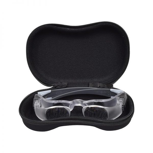 The Eschenbach MaxDetail 2X headset magnifier and its protective, zippered storage case.
