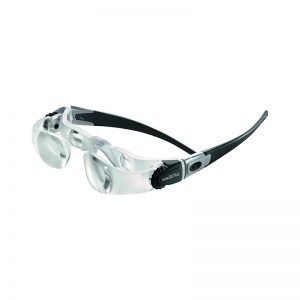 The Eschenbach MaxDetail 2X headset magnifier, shown from the side with its adjustable focus dial.