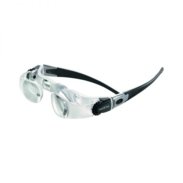 The Eschenbach MaxDetail 2X headset magnifier, shown from the side with its adjustable focus dial.