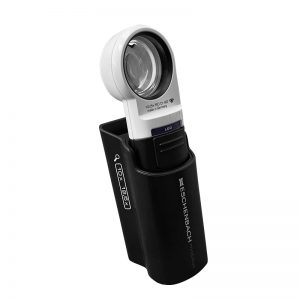 The Eschenbach Mobilux LED magnifier is shown in its upright position for hands-free desktop use.