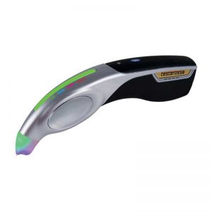 The GemOro Testerossa digital jewelry tester, a sleek black and silver tool for gem identification.