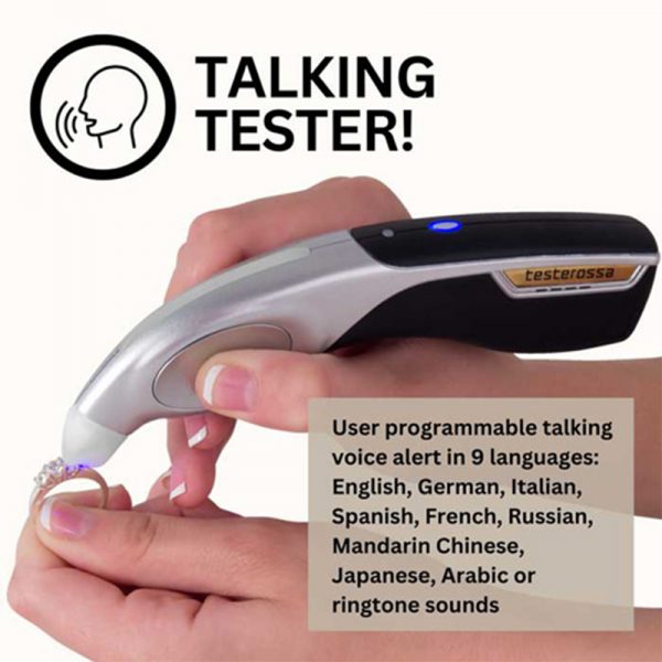 The GemOro Testerossa with an icon for "Talking Tester," highlighting its programmable voice alert feature.