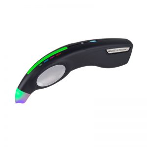 The GemOro UltraTester 3+ handheld jewelry tester, showing a green light for a diamond test.