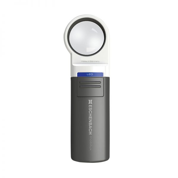 The black Eschenbach Mobilux LED hand-held magnifier is shown from the front, highlighting its integrated light button and lens.