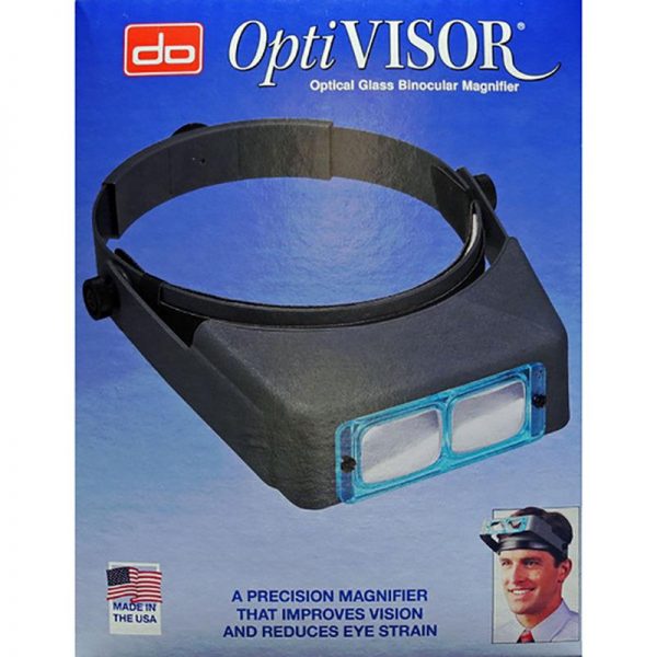 The blue product box for the Original Optivisor Head Magnifier with a photo of the product and a man wearing it.