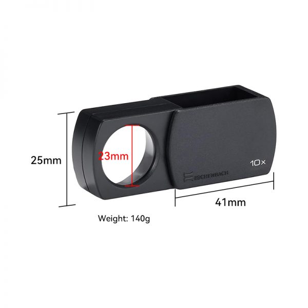The unfolded Eschenbach 10x pocket magnifier with its dimensions and weight labeled.