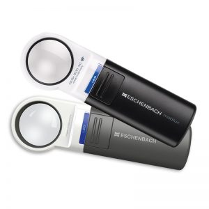 Two Eschenbach Mobilux LED magnifiers are displayed. Both are black.