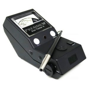 Angled view of the black Presidium Duo Tester II with the testing probe resting on the unit.