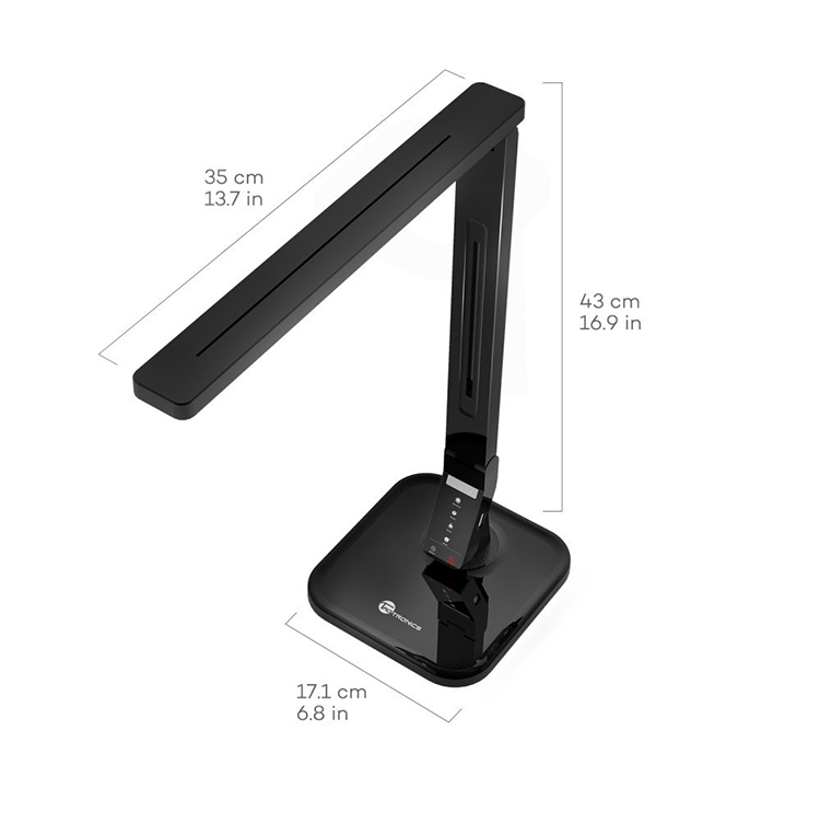 Dimensions of a black LED desk lamp: 35cm arm, 43cm height, 17.1cm base.
