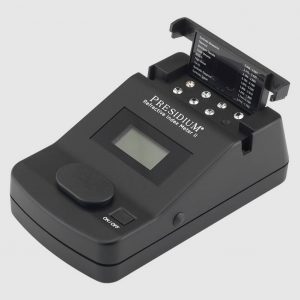 Full view of the Presidium Refractive Index Meter II with the gem chart and sample stones, showing the ON/OFF switch.