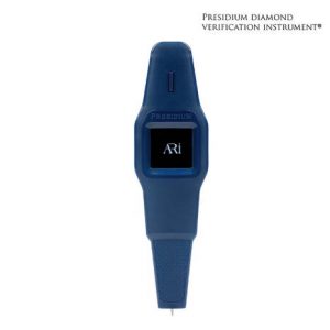 Full view of the blue Presidium ARI Diamond Tester with display showing ARi.