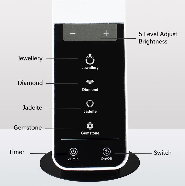 Multi Gemstone Light's control panel: 5-level brightness, Jewellery, Diamond, Jadeite, Gemstone modes, Timer, On/Off.
