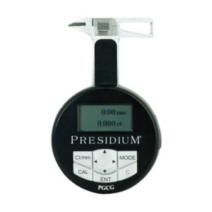 Presidium Gem Computer Gauge (PGCG), front view showing the digital display (0.00 mm, 0.000 ct) and control buttons.