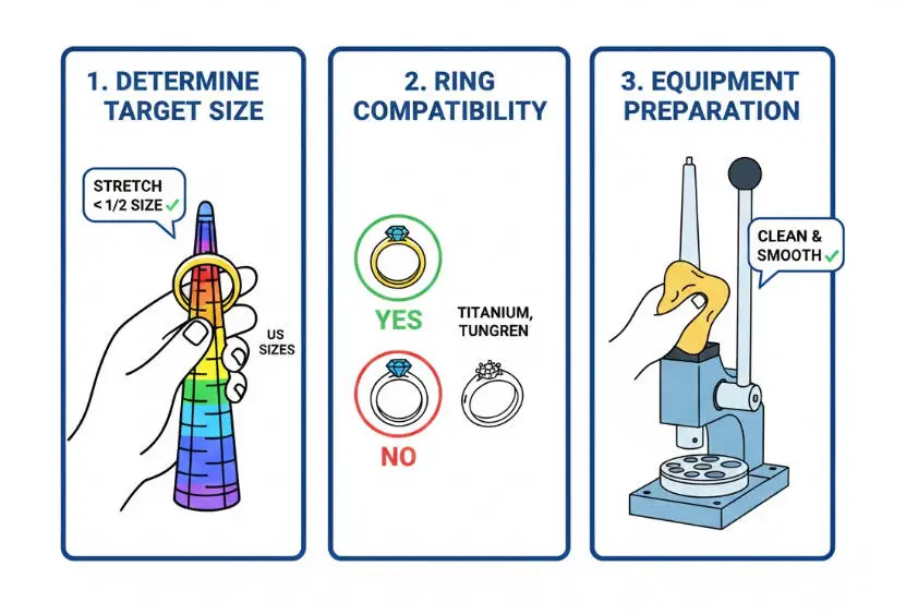Instructions for 3 steps of ring stretching: sizing, material check (no Titanium/Tungsten), and equipment prep.