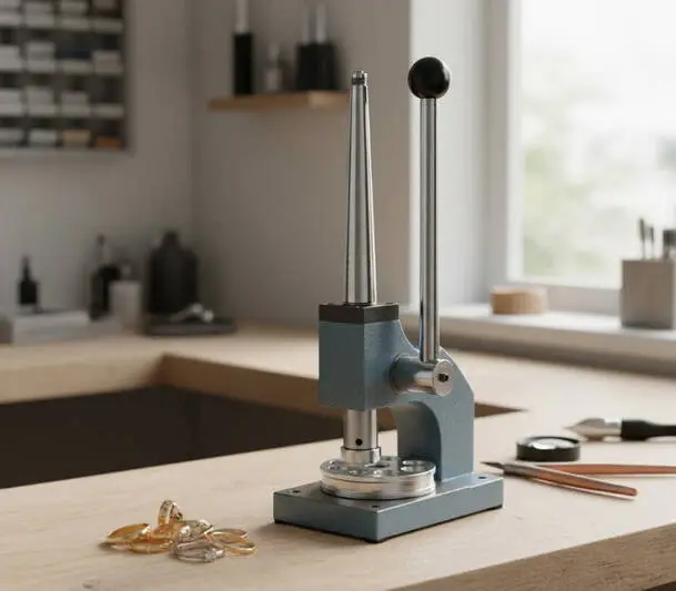Diagram showing the main steps of stretching a ring using a bench-mounted ring stretcher tool. The ring is placed on the conical mandrel.
